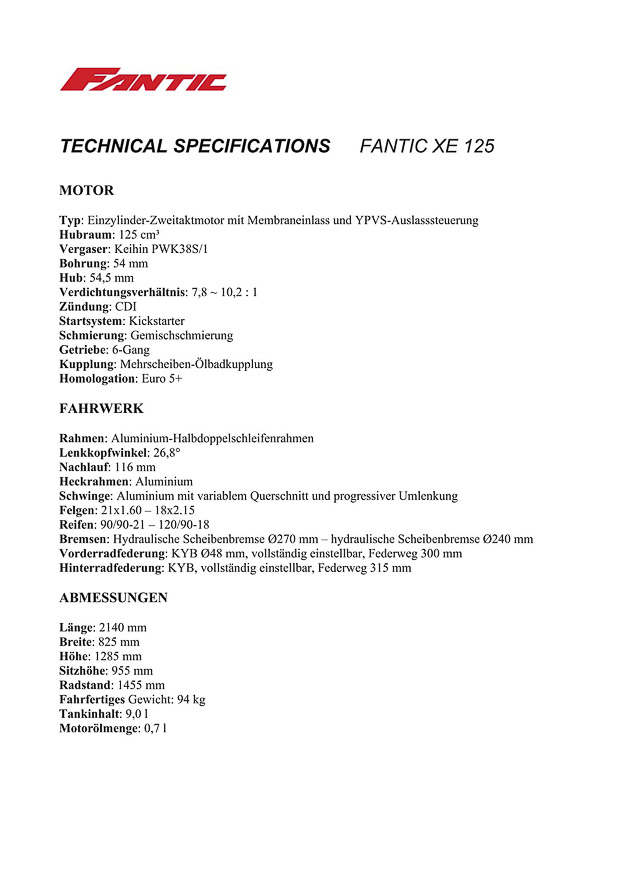 tech specs fantic xe 125 de 32