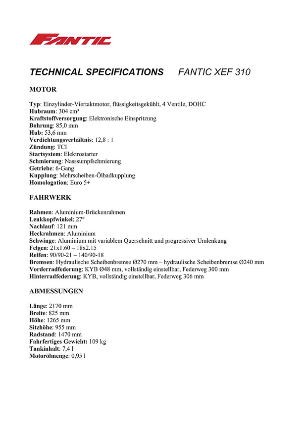 tech specs fantic xef 310 de 35